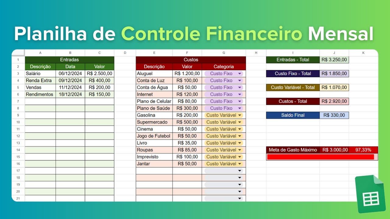 Como Criar uma Planilha para Organização e Controle Financeiro Mensal no Planilhas Google