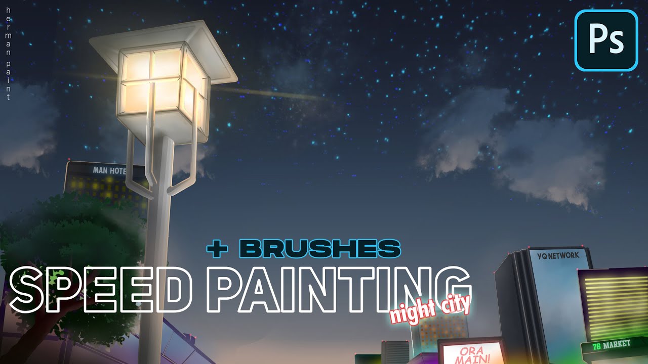 Photoshop Speed painting anime background  ( Night city landscape )