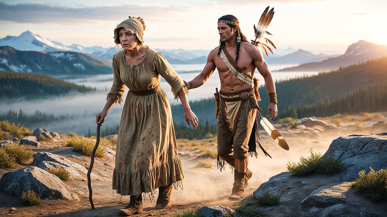 A Blind Settler , Abandoned By Her Caravan, Is Guided Through The Wilderness By A Cherokee Scout