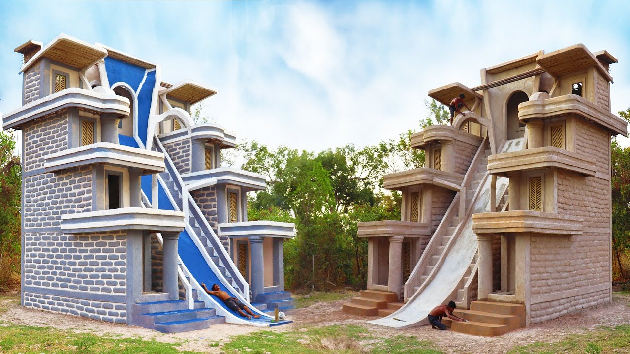 Build The Creative Modern Water Slide To Pool & 4-Story Villa House Design In Forest