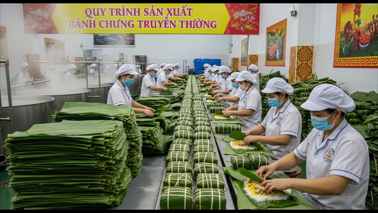 Bên trong nhà máy: Hàng ngàn chiếc bánh chưng được sản xuất phục vụ Tết ra sao? (Toàn bộ quy trình)