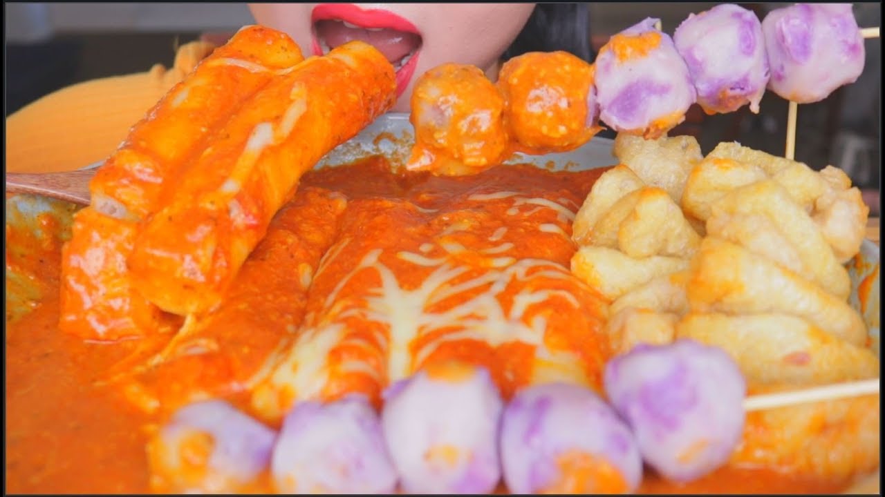 ASMR GIANT RICE CAKES  CREAMY CHEESY | TARO UBE FISH BALL | FRIED TOFU | EATING SOUNDS