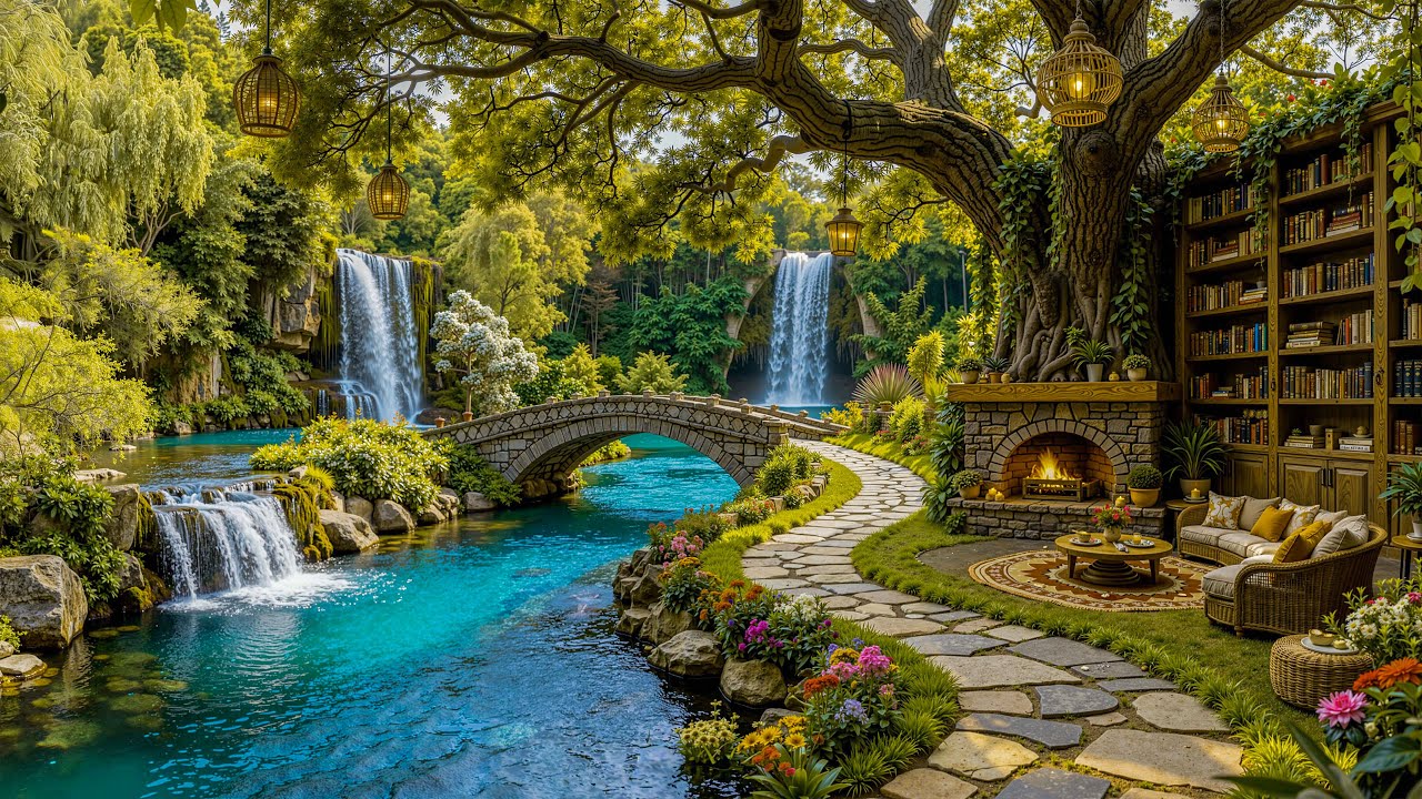 Уютный весенний сад, кофе, джаз 🌸 Нежные джазовые мелодии на фоне природы, водопада