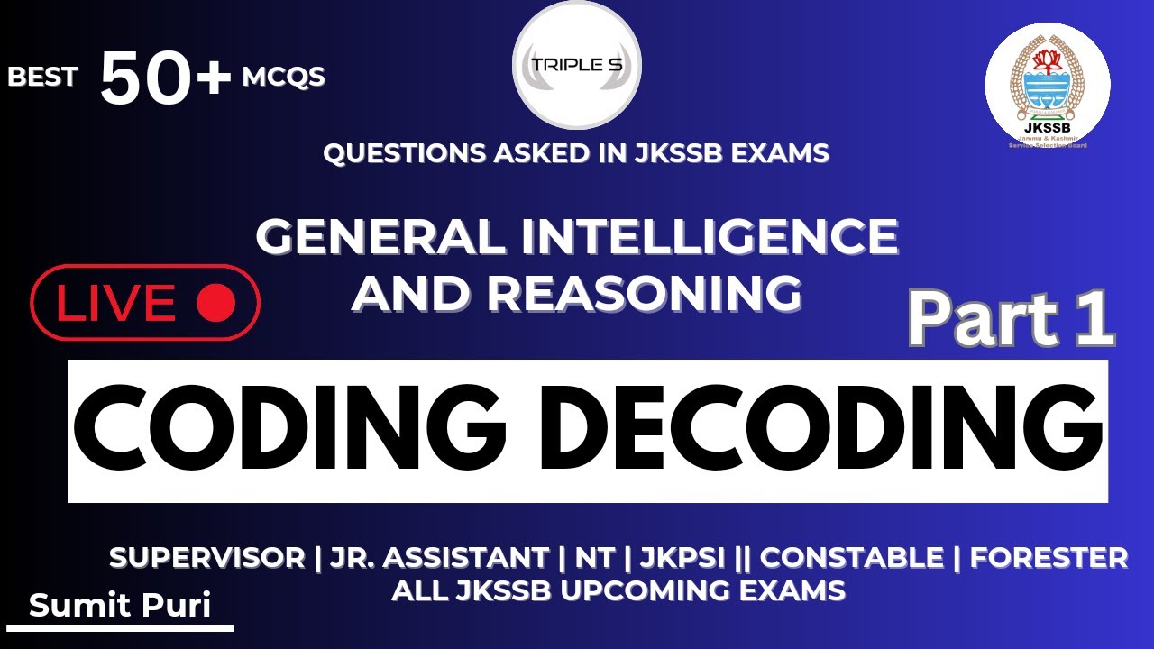 Coding Decoding: Questions asked by JKSSB || Best 50+ MCQs || RPF SSC  JKSSB JKPSC Exams PART 1