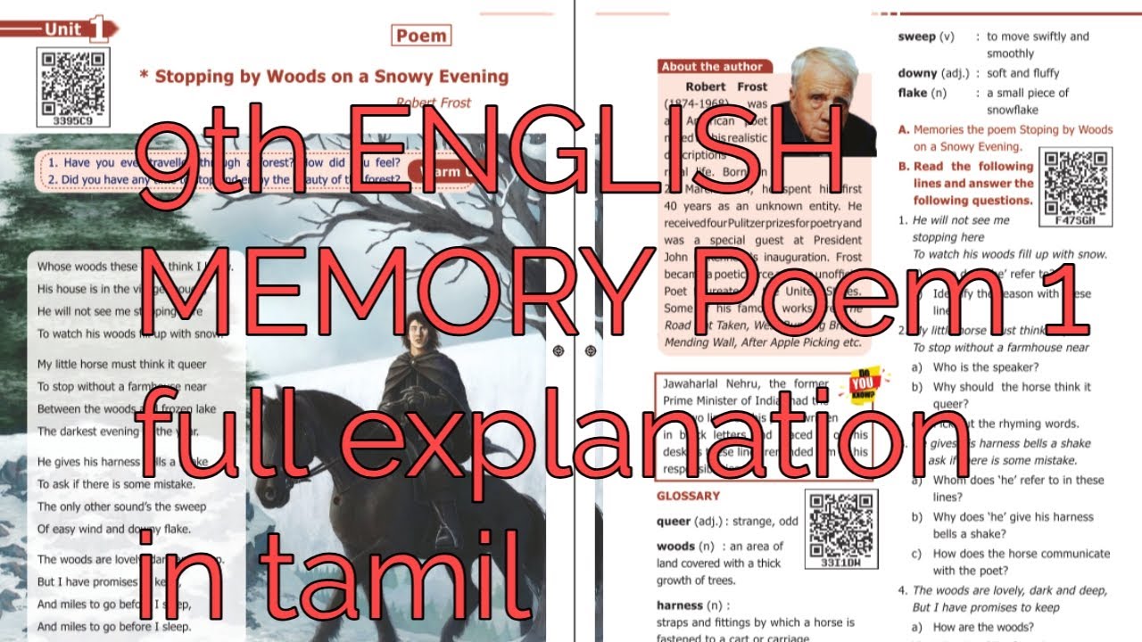 9th ENGLISH POEM 1 STOPPING BY WOODS ON A SNOWY EVENING Full poem explanation in tamil