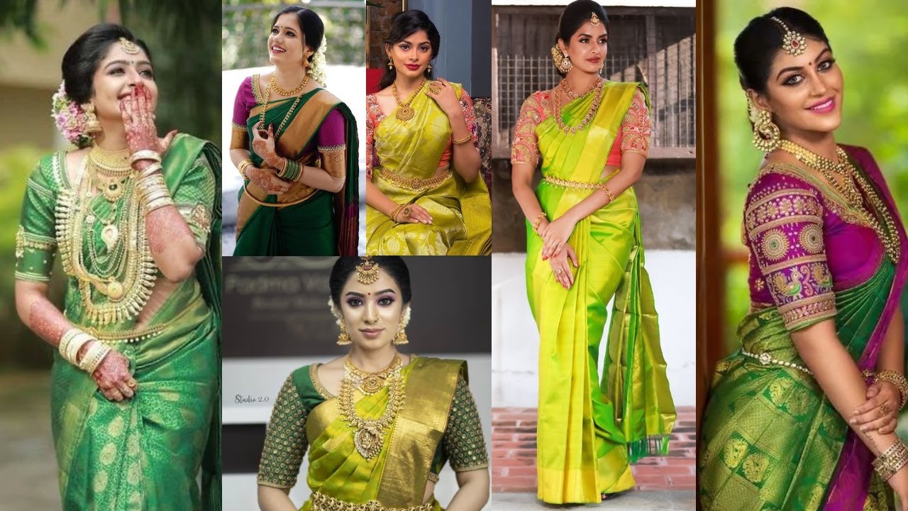Beautiful GREEN SILK KANCHEEPURAM sarees with contrast blouse ideas for wedding, Reception