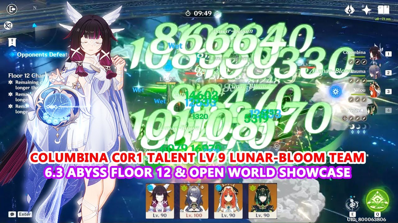 Columbina C0R1 Talent lv 9 Lunar-Bloom Team : 6.3 Abyss Floor 12 & Open World Showcase