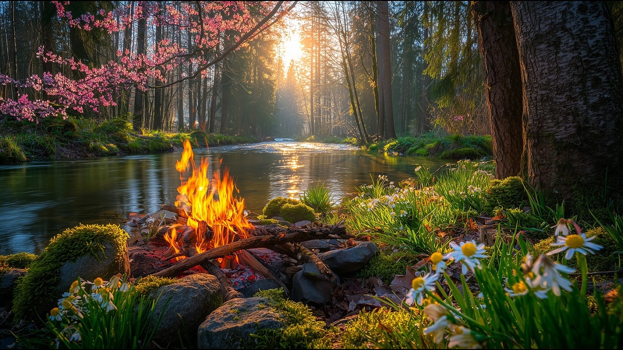Spring Sunrise Campfire by the River 🌅🔥 Real Nature ASMR for Relaxation and Rest