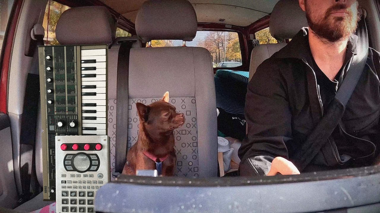 a synth, a sampler, a van and a dog