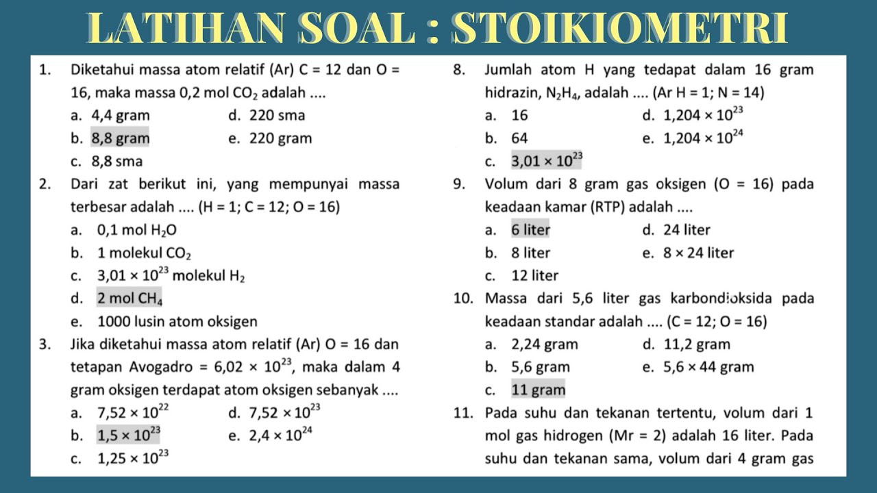 LATIHAN SOAL PERHITUNGAN STOIKIOMETRI DAN PEMBAHASAN