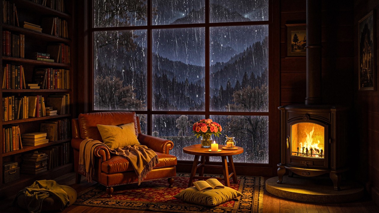 Cozy Cabin in the Rain 🌧️ Fireplace Glow and Forest Mountain View 4K