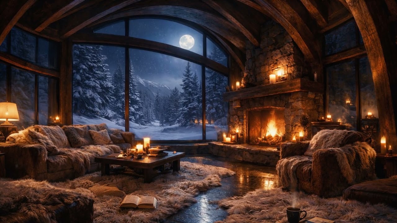 Snowy Winter Fireplace Lounge | Cozy Luxury Night Ambience 4 hours | Velvet Owl Studio