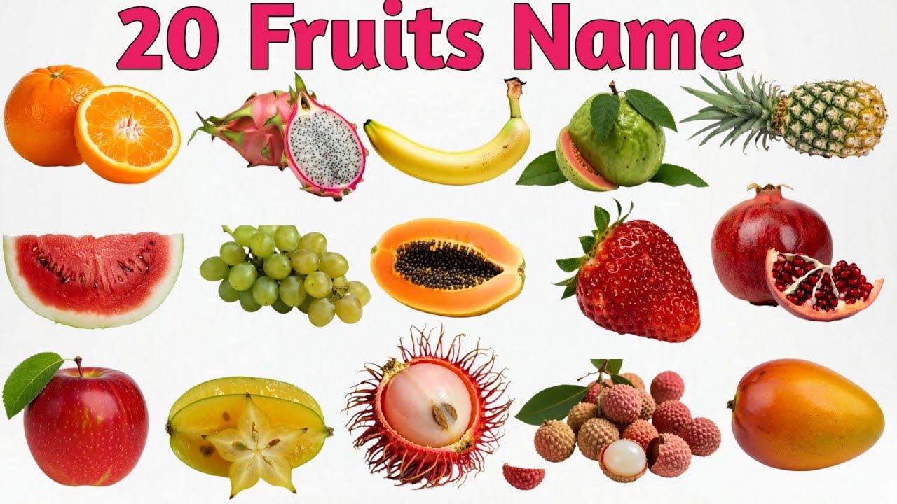 20 Fruits Name Learning for Kids | 20 फलो के नाम | Apple Mango Banana & More |Kids Educational Video