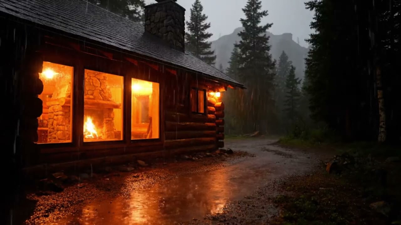 Cozy Rainy Cabin Night | Fireplace Glow & Rain Sounds for Sleep and Relaxation