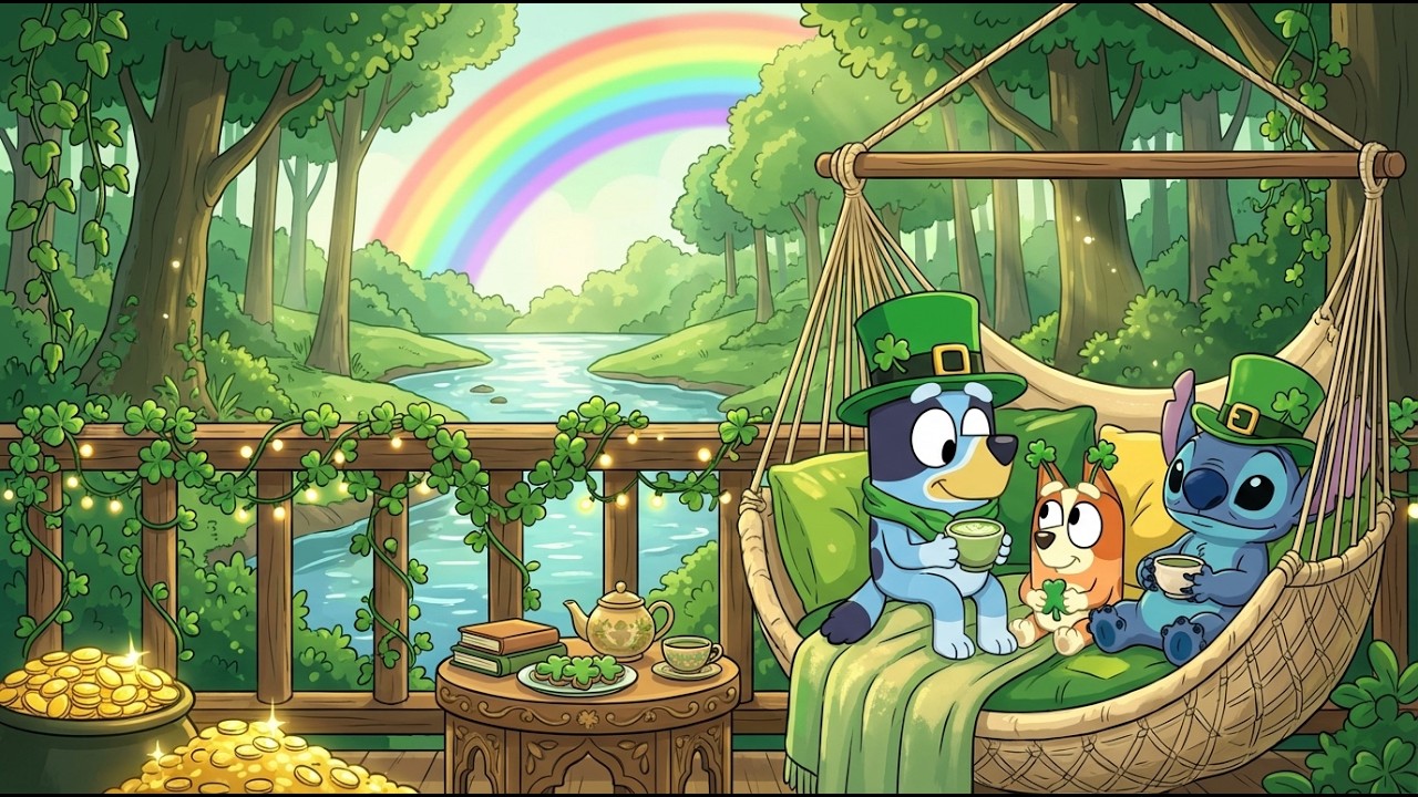Lucky River Balcony with Stitch & Bluey 🍀 Chill Lofi for Study & Work 🌈 Happy St. Patrick&rsquo;s Day