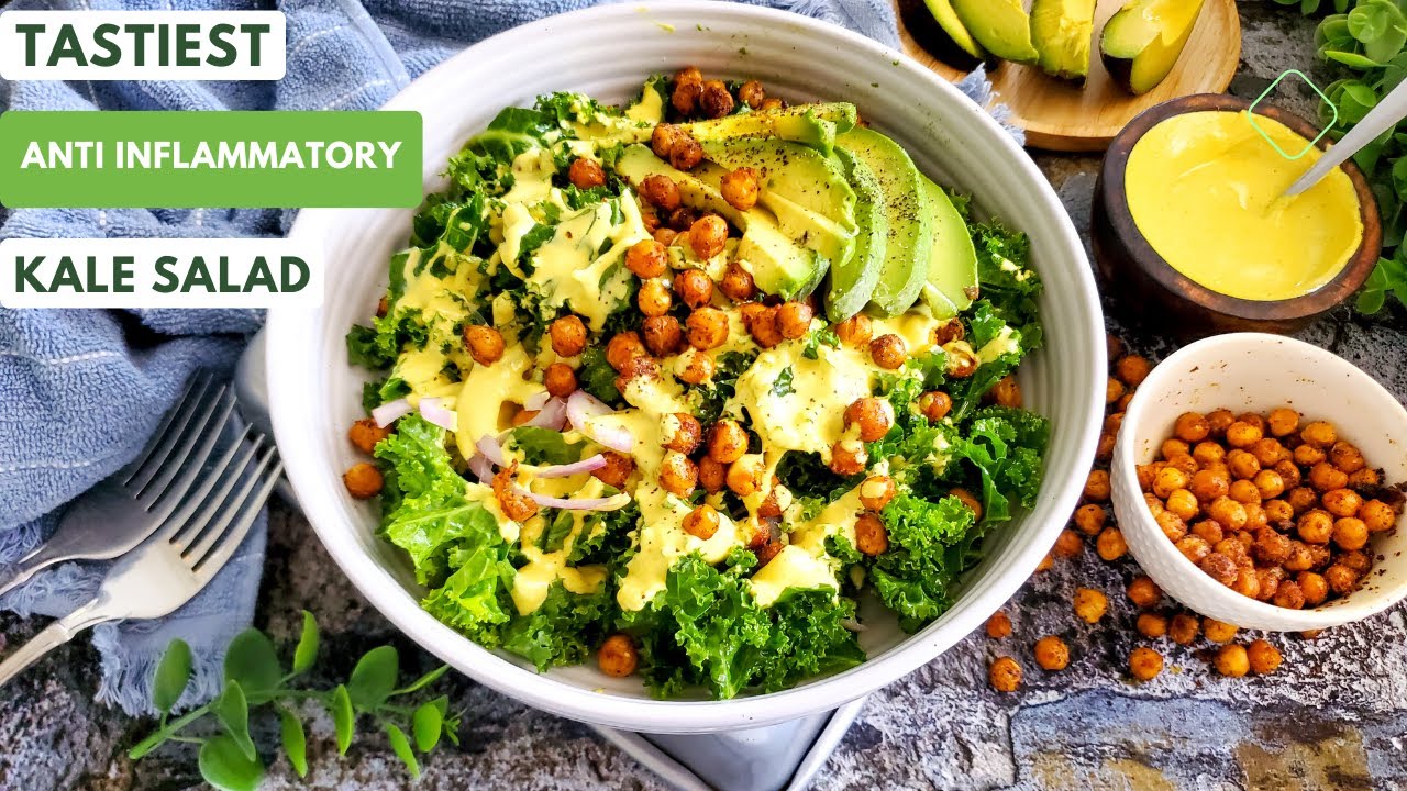 Golden Turmeric Tahini and Roasted Chickpea Croutons Kale Salad