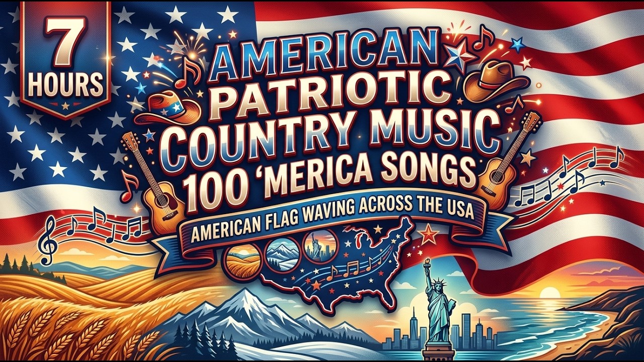 7 Hours American Patriotic Country Music 100 'Merica Songs American Flag Waving Across the USA