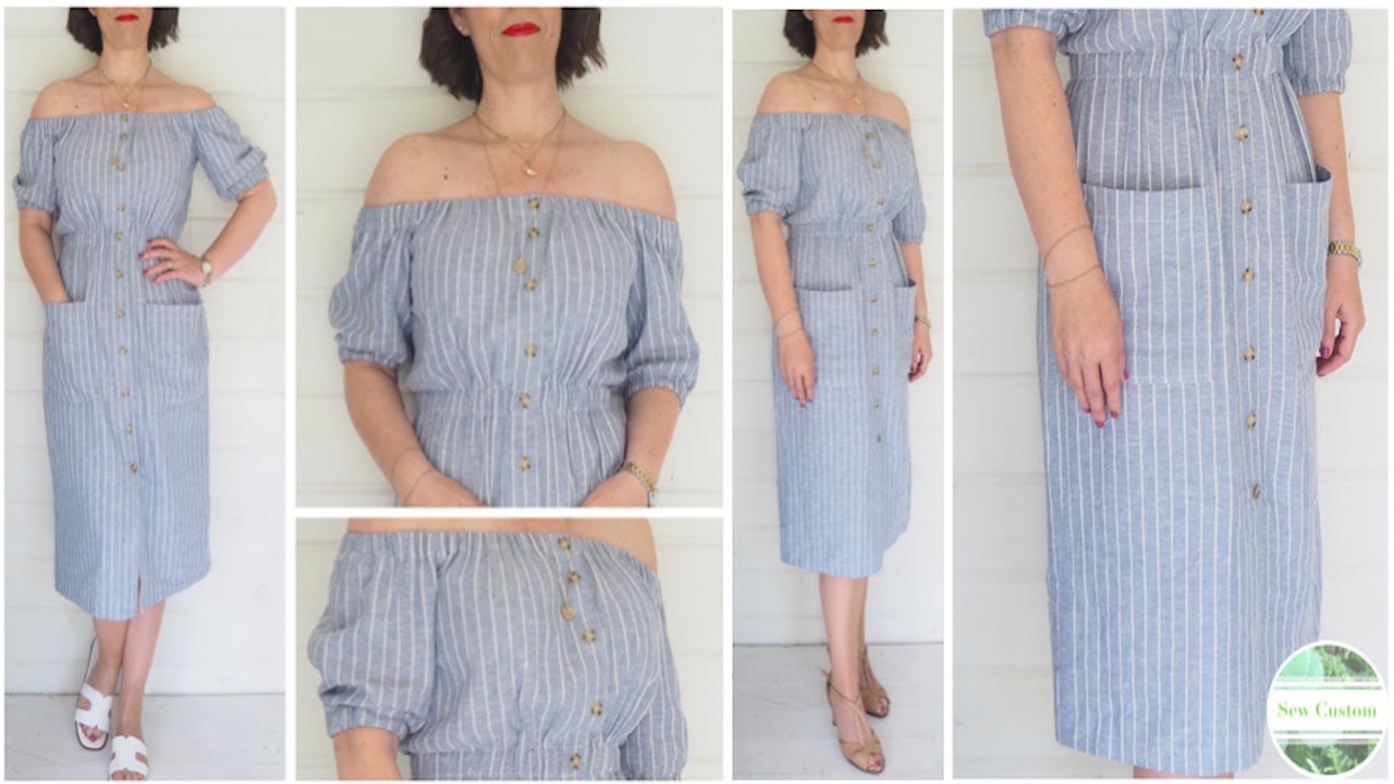 💙 How I Sewed my Off The Shoulder Linen Dress with Mock Placket & Patch Pockets💙 #sewingtutorial