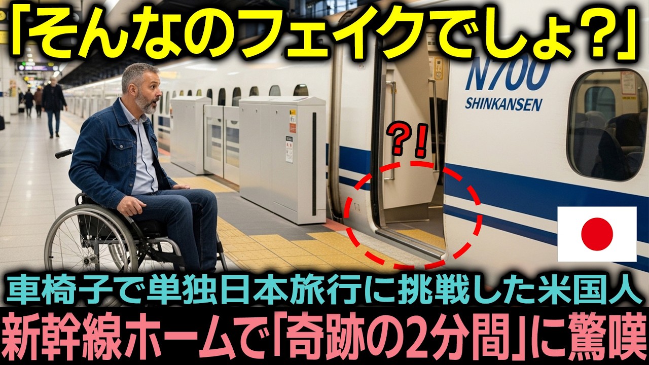 【海外の反応】「これが日本なのか!!」車椅子で単独日本旅行に挑戦したアメリカ人男性が新幹線のホームで驚嘆！SNSが「奇跡の2分間」か「フェイク」かと絶賛と疑念が拡散した真相とは！？【日本称賛】