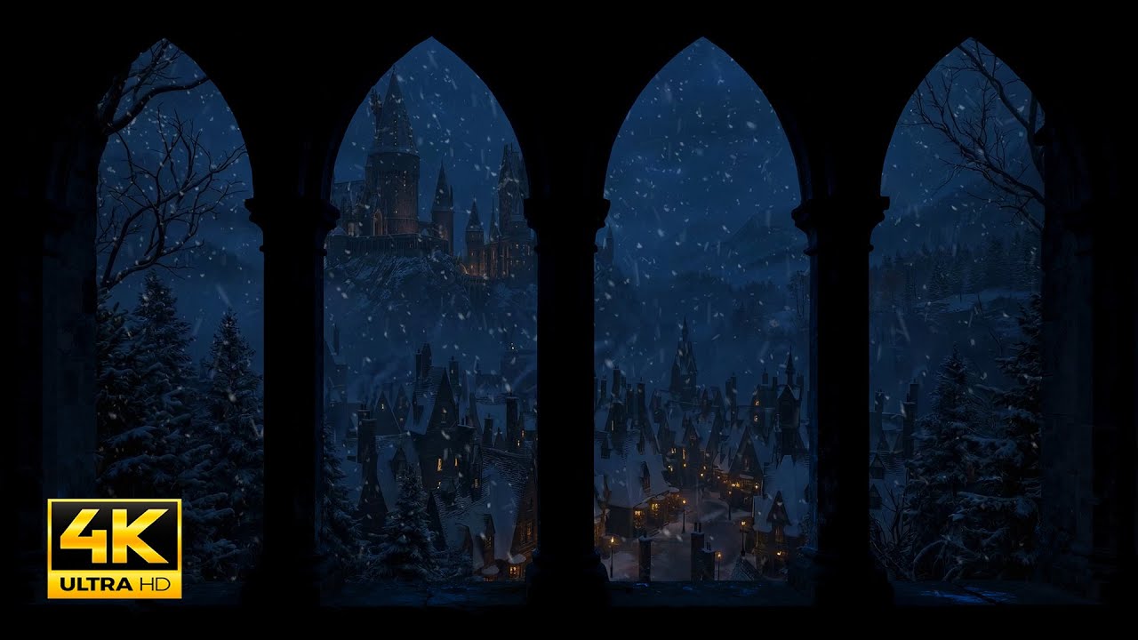 Winter Night at Hogwarts in 4K ❄️ Window View,  Blizzard Sounds & Harry Potter Ambience for Sleep
