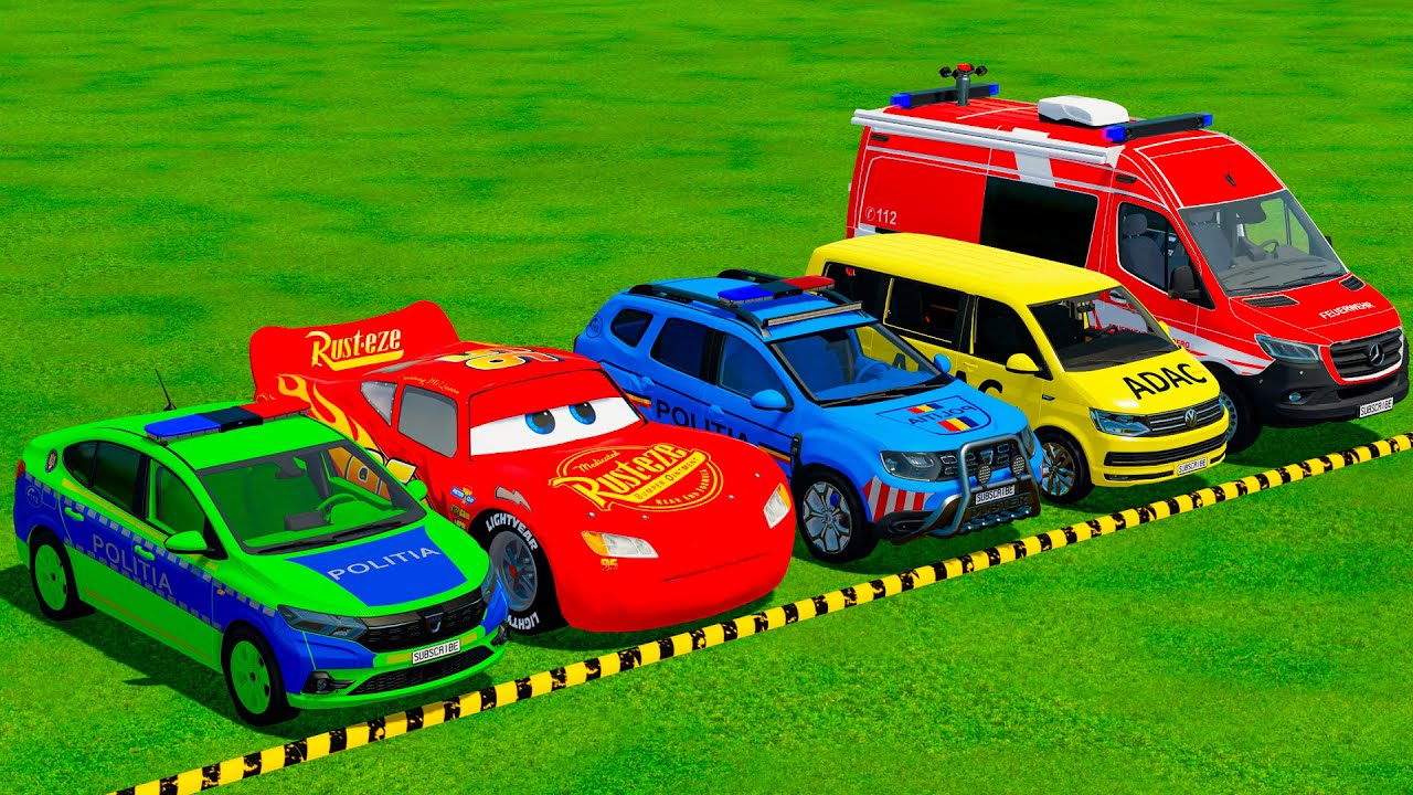 DACIA, MCQUEEN CAR, DACIA POLICE CARS, AMBULANCE EMERGENCY TRANSPORTING WITH TRUCKS ! FS22 #25