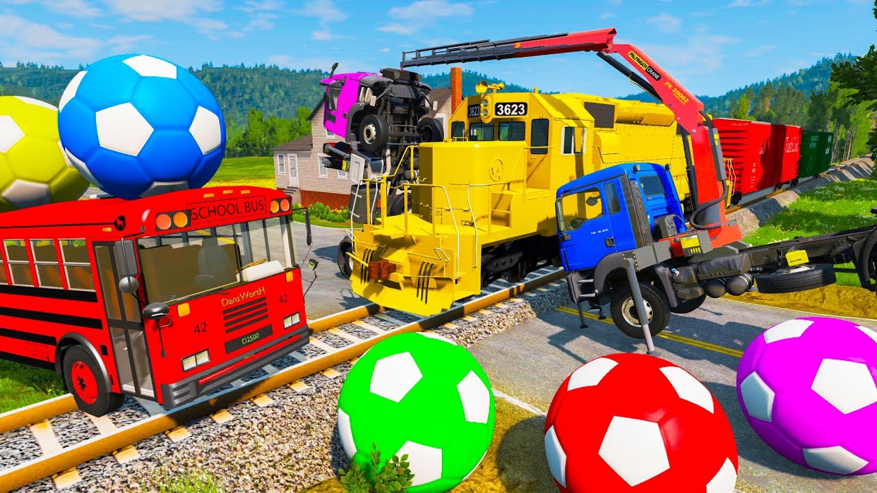 Flatbed Trailer Truck Rescue Cars - Cars vs Slide Colors - Trucks vs Rails and Trains - BeamNG Drive