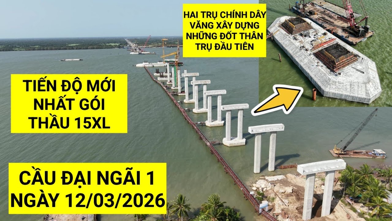 Toàn cảnh Cầu Đại Ngãi 1 hôm nay, trụ chính dây văng P24 chuẩn bị đổ bê tông đốt thân trụ đầu tiên