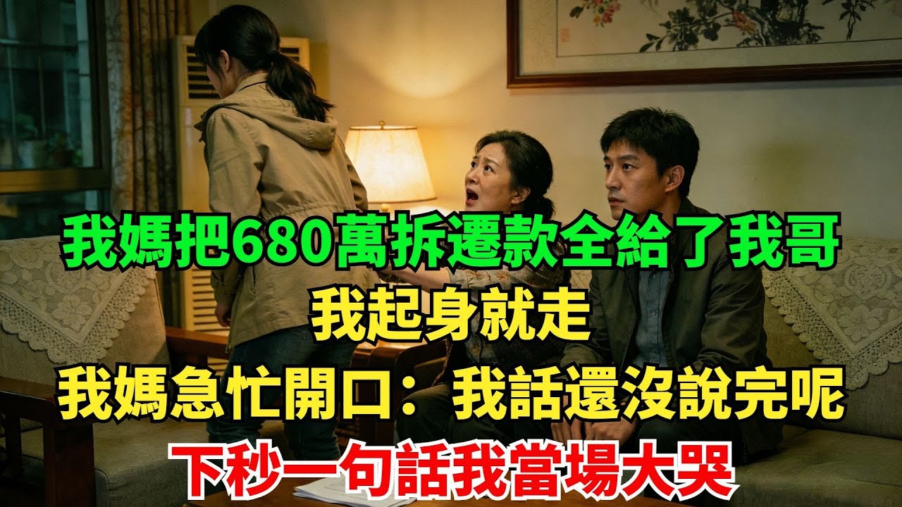 我媽把680萬拆遷款全給了我哥，我起身就走，我媽急忙開口：我話還沒説完呢，下秒一句話我當場大哭#故事頻道#感人壹幕#老年生活#奇聞#情感小説#幸福人生