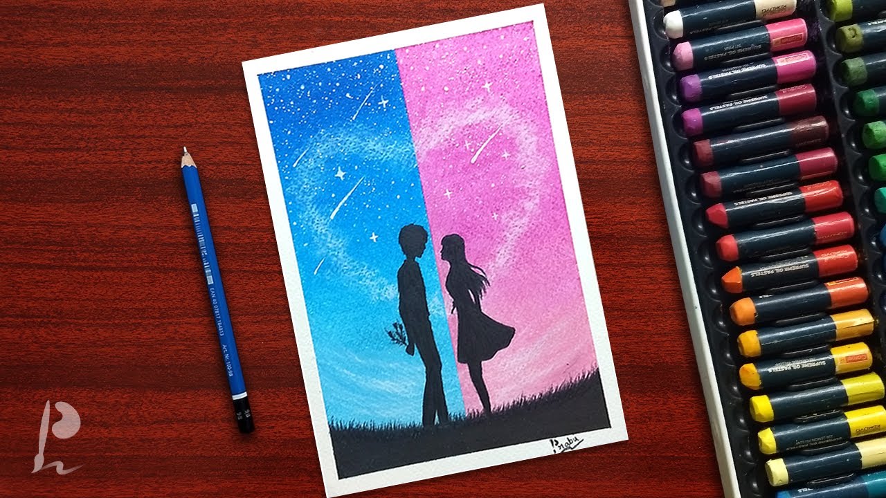 Cute Couple Love Scenery Drawing with Oil Pastels | PrabuDbz Art