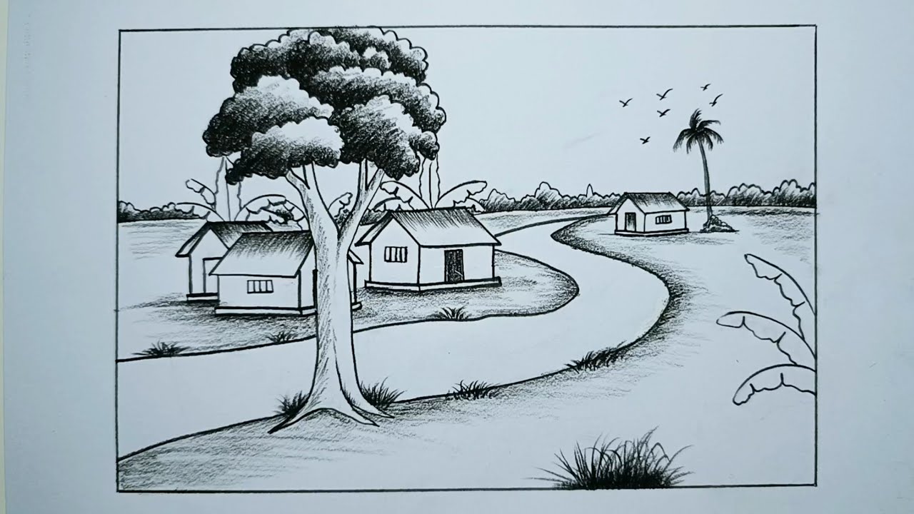 How to draw a beautiful village nature | Village scenery drawing with pencil | Landscape art |