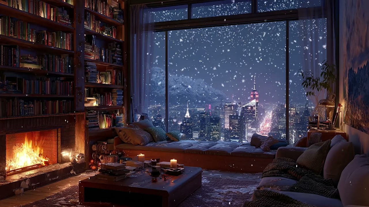 Tranquil Snowy Cabin Retreat | Fireplace Ambience and Calm Falling Snow for Deep Rest