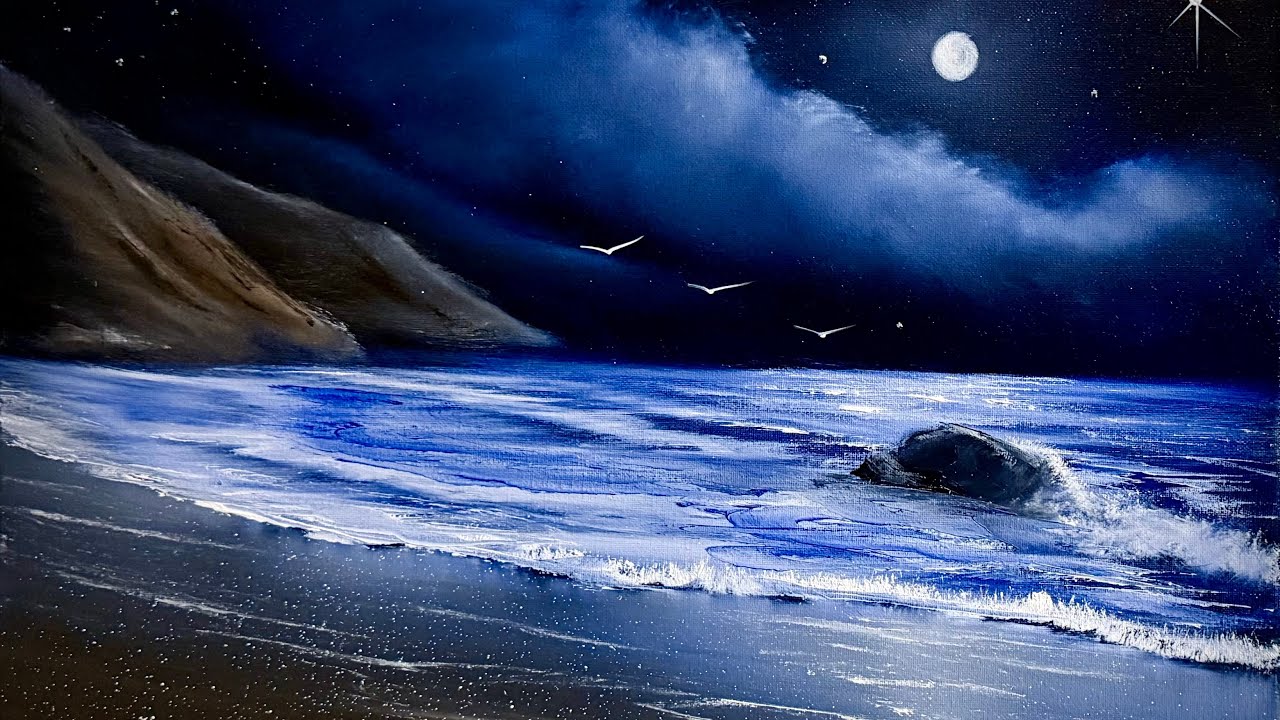 Low Tide Oregon Coast Night Seascape Tutorial #paintwithjosh  #BobRoss #SeascapePainting #ArtTeacher