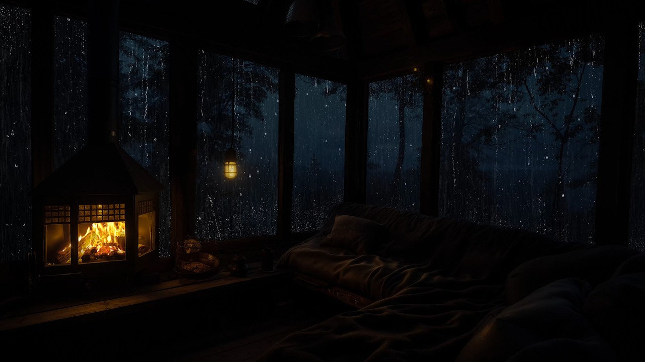 Rainy Evening in a Forest Cabin with Soft Fireplace | Peaceful Ambience for Relaxation