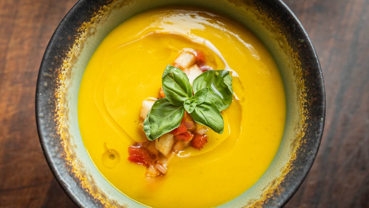 Curried Kabocha Squash Soup with Roasted Pepper Relish