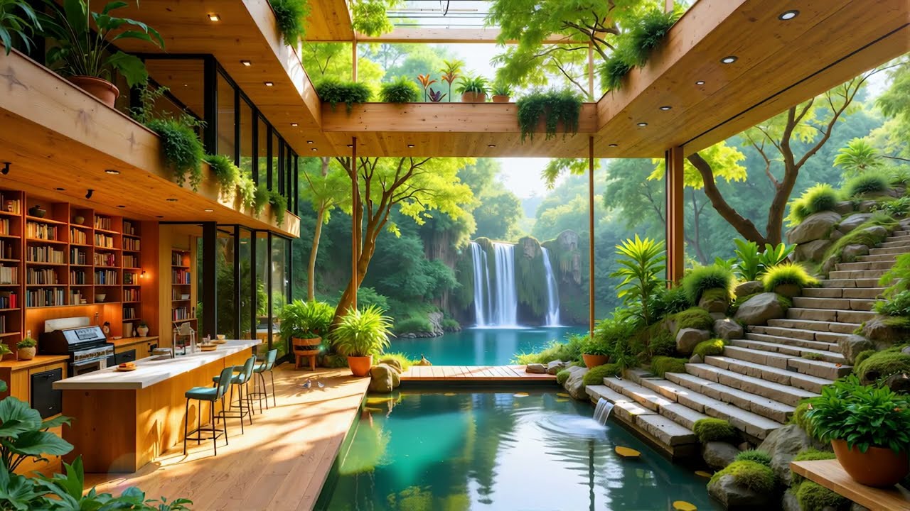 Elegant Indoor Jazz Cafe for Mental Ease | Soft Jazz Music with Fresh Breeze Lake for Relaxation