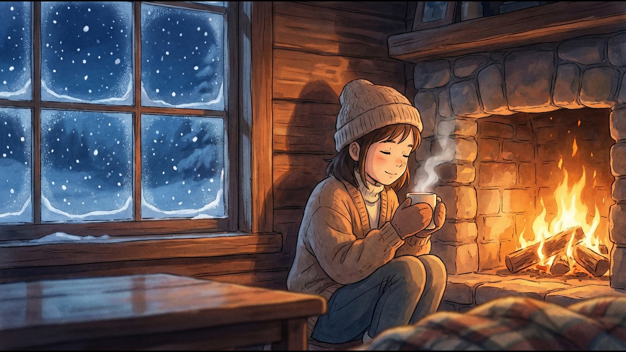 POV: Cozy Snow Night by the Fire 🔥 Gentle Winter Ambience for Sleep | Ghibli ASMR