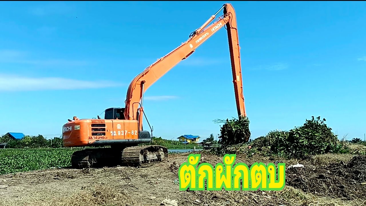 รถแม็คโครตักผักตบชวาริมคลอง#macro #backhoe