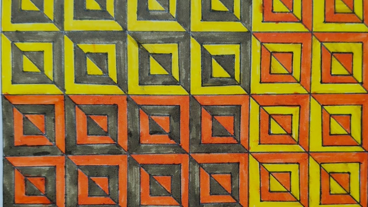 Bold geometric 3D pattern in orange & yellow