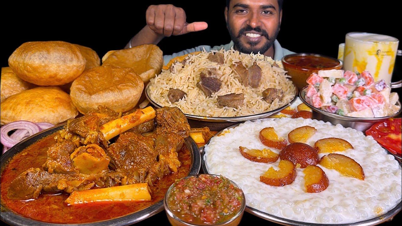 Eating Mutton Yakhni Pulao with Mutton Curry | Russian Salad, Kheer Puri, Chutney & Lassi Mukbang 