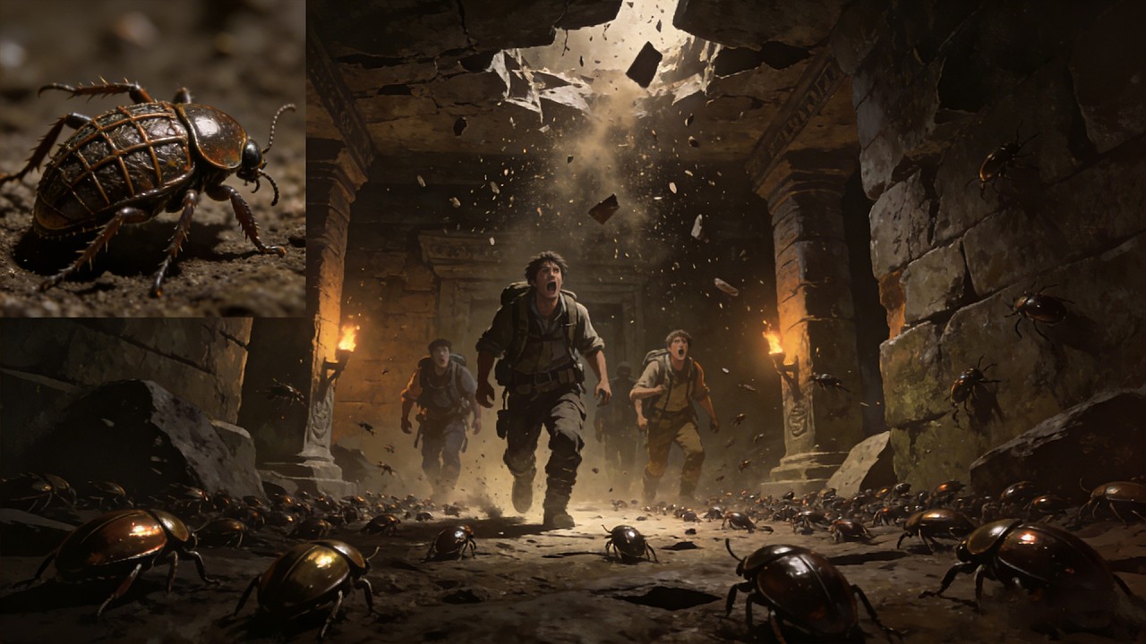 Explorers enter ancient tomb, collapse, corpse beetles surround them — double trouble!