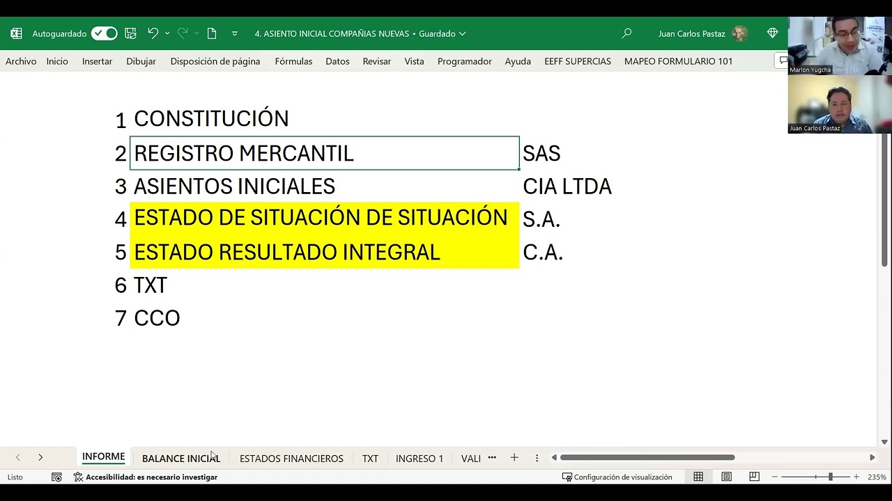 Balance INICIAL y su presentaci&oacute;n de los ESTADOS FINANCIEROS SUPERCIAS