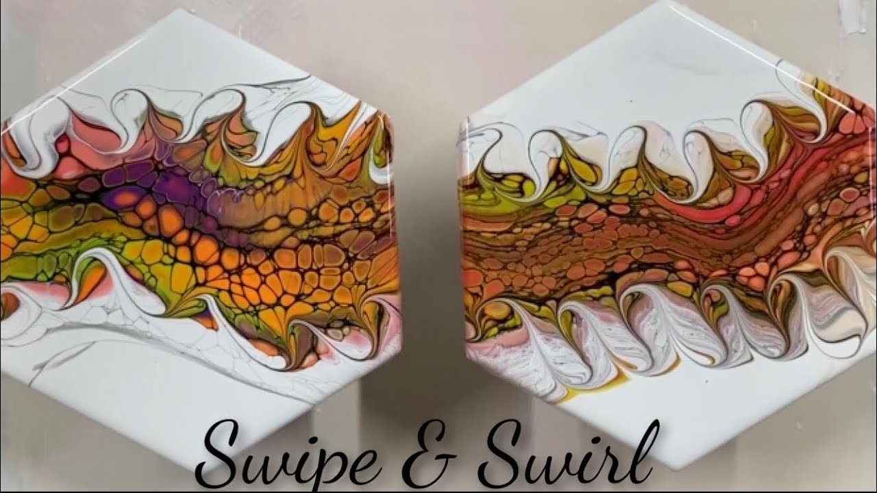 (1179) Swipe and Swirl Technique, on Tiles, Acrylic Paint Pouring