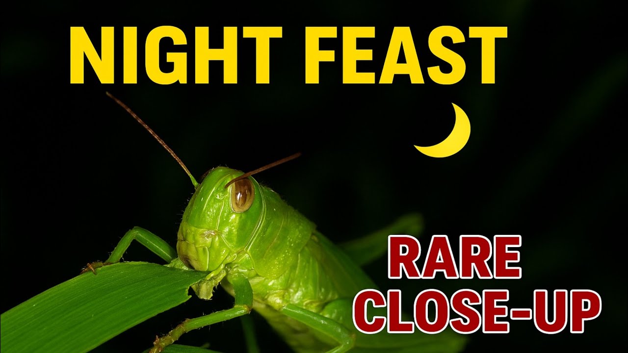 Grasshopper Eating at Night – Rare Close-Up Nature Footage.