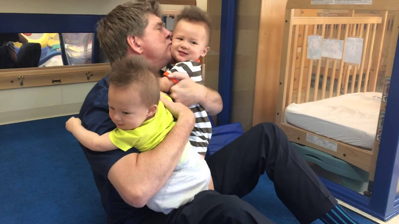 Twins reactions of Daddy picking them up from daycare