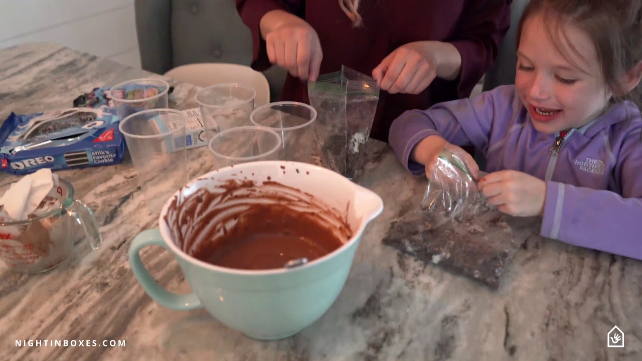 Faye makes a dirt snack WITH WORMS for earth day - Kids Night in Box