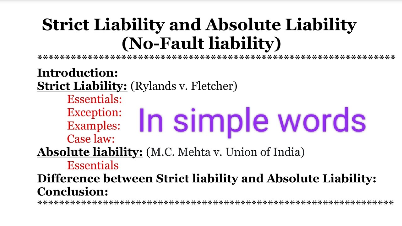 Strict liability and absolute liability | Rylands v fletcher case law | Law of Tort