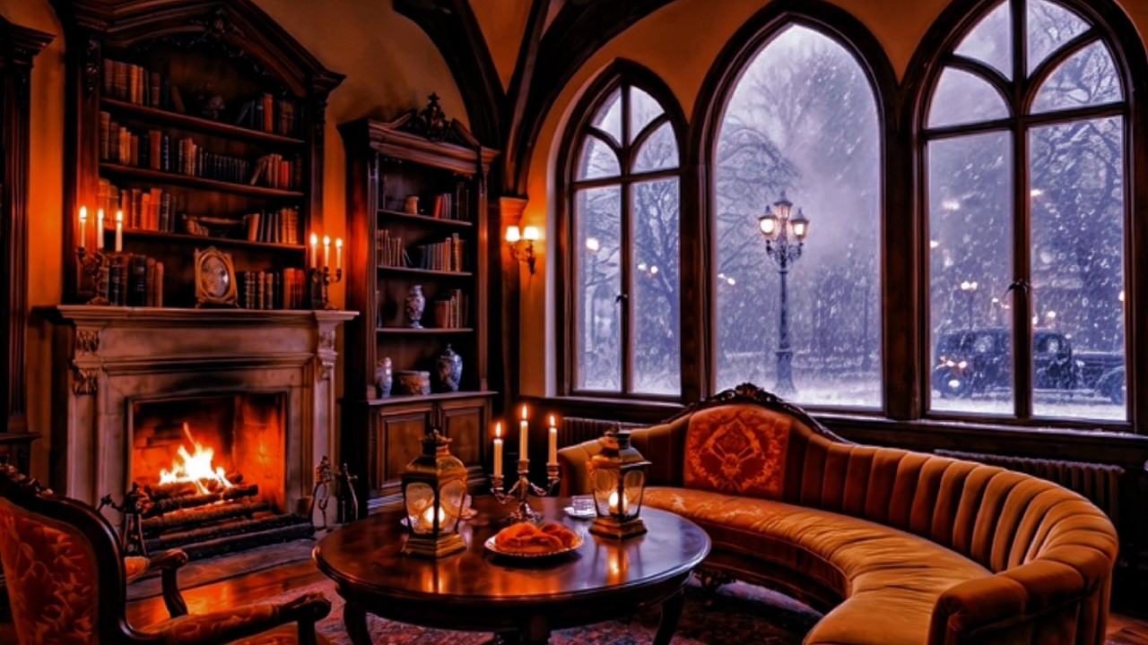 Deep Winter Night Jazz ❄️🔥 Cozy Café Fireplace & Soft Piano #NightJazz #SleepMusic