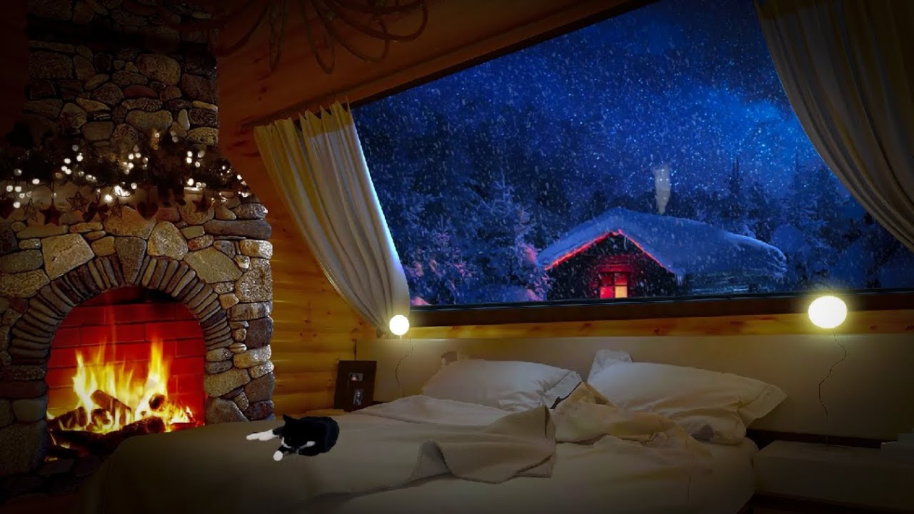 Атмосфера уютной зимней хижины и кошка | Звуки камина и снегопад