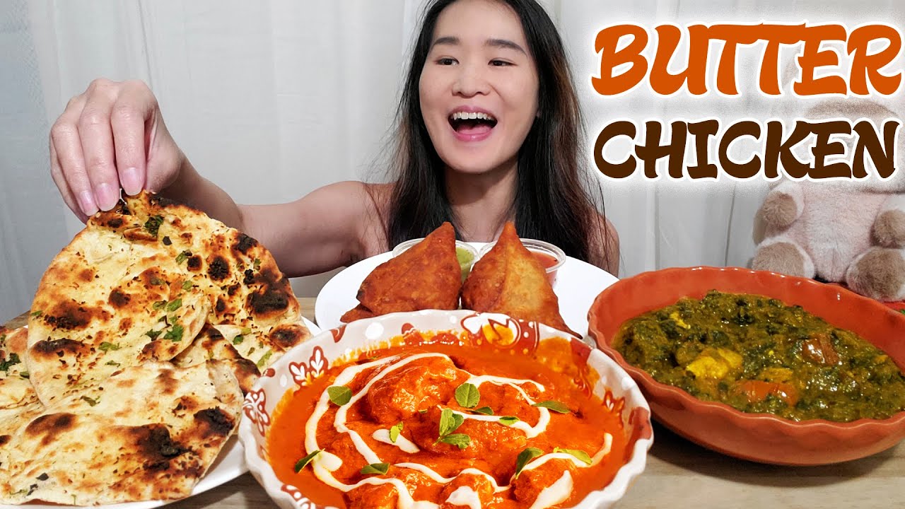 Eating Amazingly Creamy Butter Chicken! Indian Food Mukbang ASMR | Chicken Saag & Garlic Naan