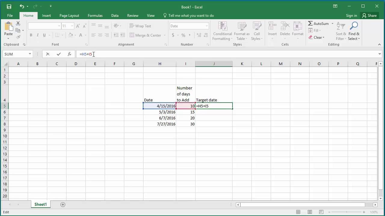 How to Add Number of Days to a Date in Excel 2016